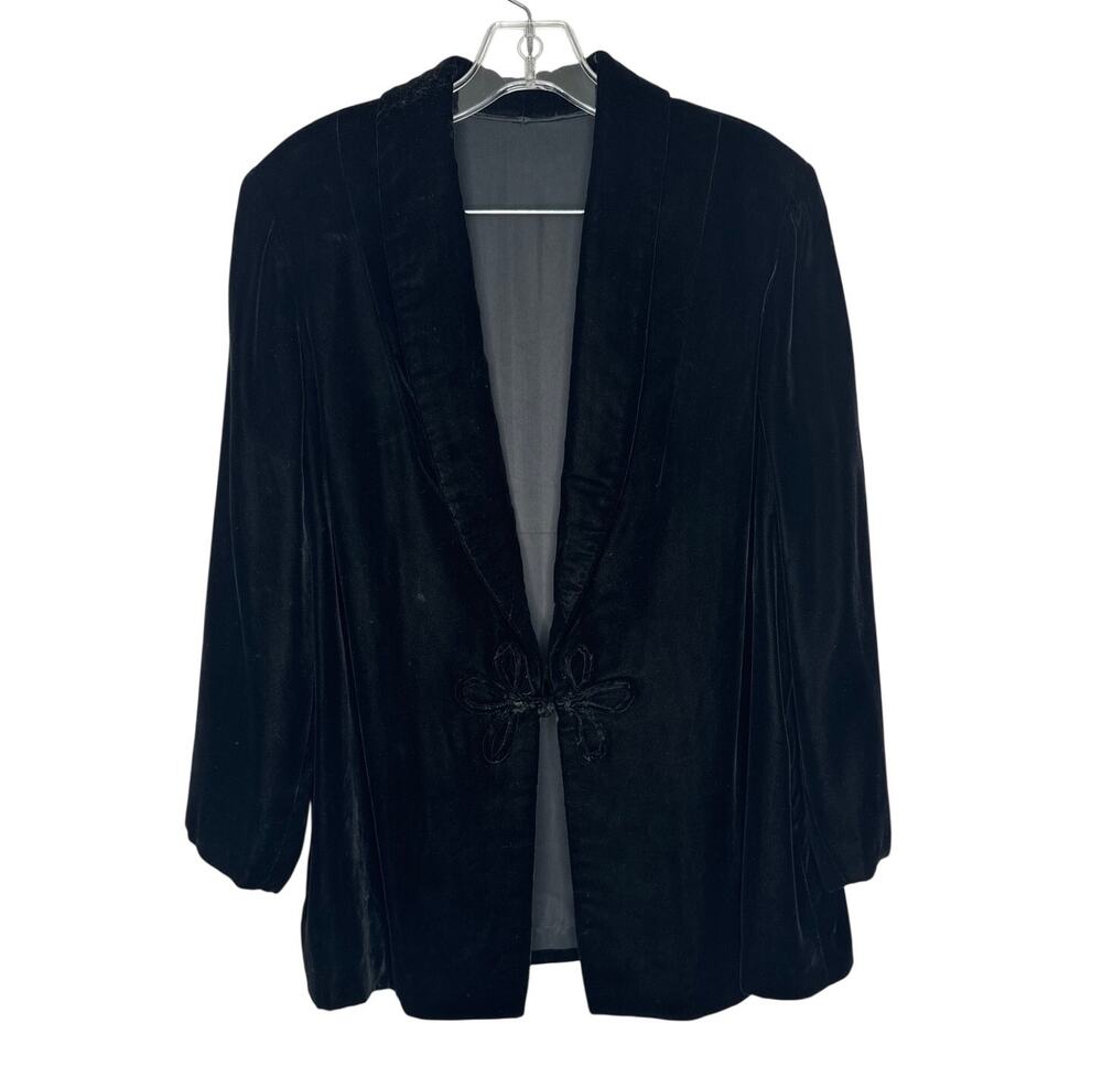 Vintage 1990s Black Velvet Open-Front Blazer Jacket decorative frog closure M